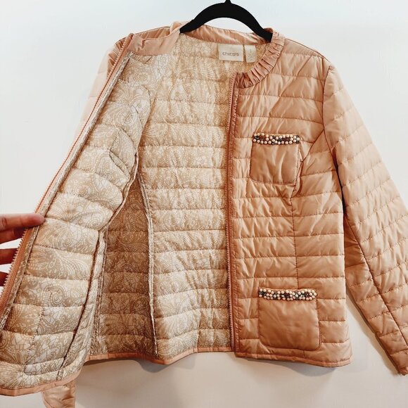 Chicos Lightweight Quilted Puffer Jacket Zip Front Peach Pink Pearl Rhinestone M - Picture 3 of 14